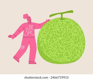 Woman holding huge melon. Colorful vector illustration