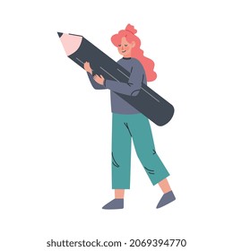 Woman Holding Huge Pencil as Stationery Writing Tool Vector Illustration