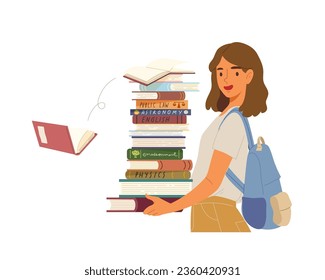 Woman holding huge pile of books isolated on white background. Concept of studying, learning, school, reading, knowledge, library, book lover, education, student. Flat vector illustration character.