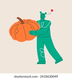 Woman holding huge pumpkin. Colorful vector illustration
