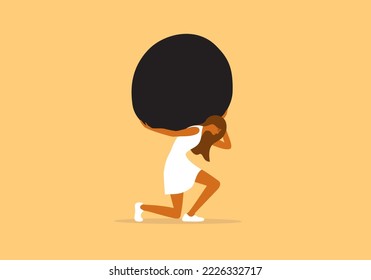 Woman holding huge stone on shoulders. Sad girl in dress carrying heavy rock. Unhappy tired female person lift boulder by hands. Feel of duty, debt, difficult, burden. Hard work vector illustration