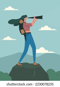 Woman holding huge tourists monocular and looking far ahead