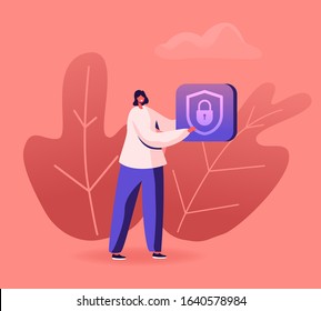 Woman Holding Icon of Padlock inside of Shield. Control Smart Home Devices through Wireless Connection. Internet of Things, Iot Secure System Controlling House Locks. Cartoon Flat Vector Illustration