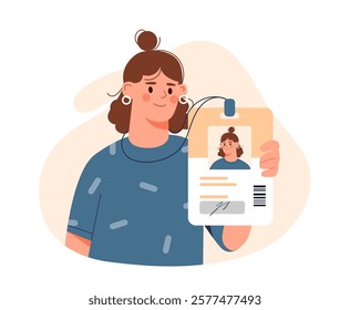 Woman holding an ID badge with her, wearing a blue shirt, against a light abstract background. Concept of identification or personal ID. Vector illustration