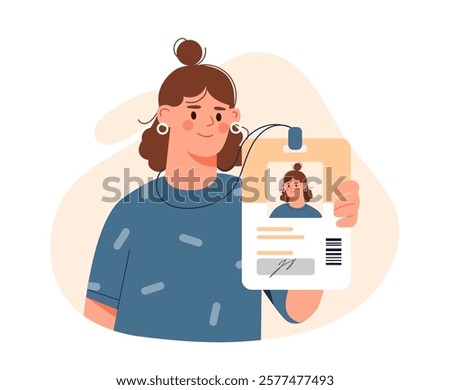 Woman holding an ID badge with her, wearing a blue shirt, against a light abstract background. Concept of identification or personal ID. Vector illustration