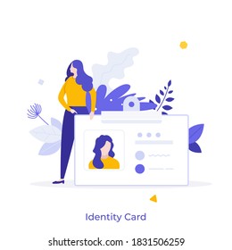 Woman holding ID, name tag, badge. Concept of identity card with personal information, national identification document, passport, driver's license. Modern flat colorful vector illustration for banner