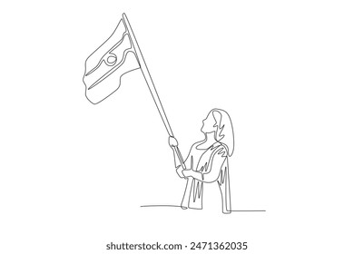 Woman holding Indian flag facing sideways. India independence day concept one-line drawing