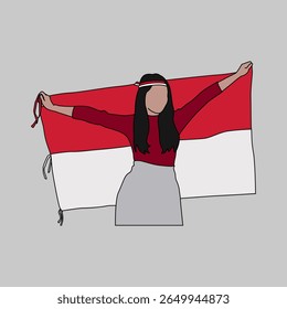 Woman Holding Indonesian Flag Illustration, Proud Girl with Large Red and White Flag