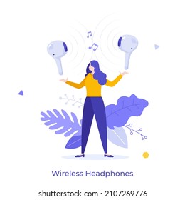 Woman holding in-ear headphones. Concept of wireless earphones, hi-tech electronic audio or acoustic device for sound or music listening. Modern flat colorful vector illustration for poster, banner.