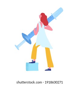 Woman holding injection syringe with drug or vaccine. Concept of breakthrough and achievement of medical science in virus and infection treatment. Flat vector illustration isolated on white background