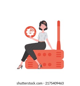 A woman is holding an internet thing icon in her hands. Router and server. IoT concept. Isolated. Vector illustration in trendy flat style.