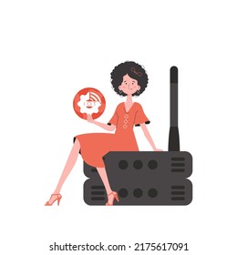 A woman is holding an internet thing icon in her hands. Router and server. IoT concept. Isolated. Trendy flat style. Vector illustration.