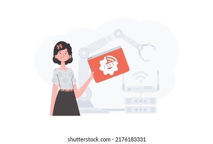 A woman is holding an internet thing icon in her hands. Internet of things concept. Good for websites and presentations. Vector illustration in flat style.