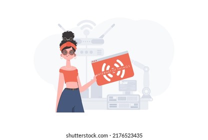 A woman is holding an internet thing icon in her hands. IoT concept. Good for websites and presentations. Vector illustration in trendy flat style.