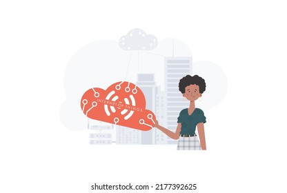 A woman is holding an internet thing icon in her hands. Internet of things and automation concept. Good for presentations and websites. Vector illustration in trendy flat style.