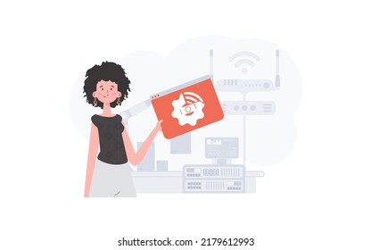 A woman is holding an internet thing icon in her hands. Internet of things concept. Good for presentations and websites. Vector illustration in trendy flat style.