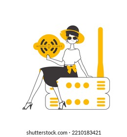 Woman Holding the IOT logo in her hands. Linear modern style. Isolated. Vector illustration.