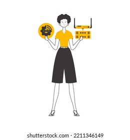Woman Holding the IOT logo in her hands. Linear style. Isolated on white background. Vector illustration.