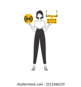 Woman Holding the IOT logo in her hands. Linear style. Isolated. Vector.