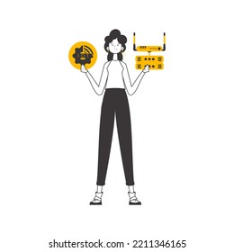 Woman Holding the IOT logo in her hands. Linear trendy style. Isolated. Vector illustration.