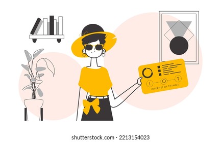 Woman Holding the IOT logo in her hands. Trend lineart style. Vector illustration.