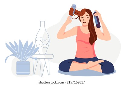 Woman holding iron curling hair ,beauty treatment, Girls Make Hairstyles Flat Vector Illustration.