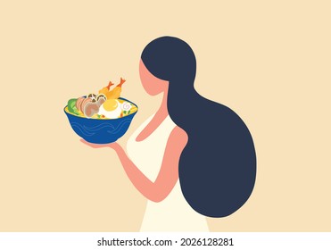 Woman holding japanese noodle bowl vector illustration.