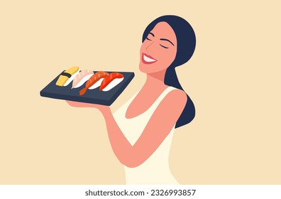 Woman holding Japanese sushi food vector illustration