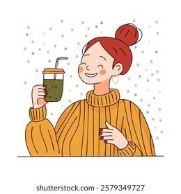 Woman holding a jar of green smoothie with a straw. For wellness, healthy eating, and joyful lifestyle moments.