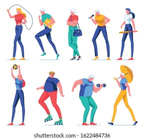 Woman Holding Jumping Rope, Delivery Man Running with Parcel Flat Cartoon Vector Illustration. Person Singing with Microphone. Girl Playing Volleyball. Guy Rollerblading, Dumbbells, Umbrella.