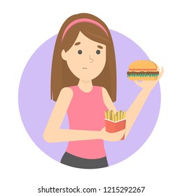 Woman holding junk food. Hamburger and soda rejection. Idea of diet and healthcare. Female character refuse unhelathy food. Isolated vector flat illustration