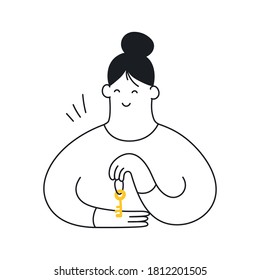 Woman holding the key. Access, registration, login, real estate, password, retail, accessibility concept. Flat thin outline vector illustration on white