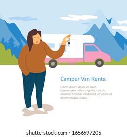 A woman holding a key in the background of a trailer. Vector illustration. Concept of renting a motorhome.