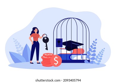 Woman holding key to cage with books and graduate hat. Girl paying for education flat vector illustration. High cost of knowledge, student loan concept for banner, website design or landing web page