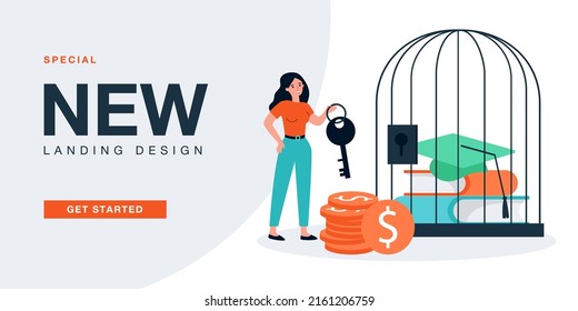 Woman holding key to cage with books and graduate hat. Girl paying for education flat vector illustration. High cost of knowledge, student loan concept for banner, website design or landing web page