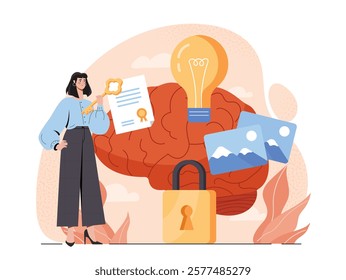 Woman holding key and certificate near brain, lightbulb, images, and lock with abstract background. Concept of intellectual property and creativity. Vector illustration