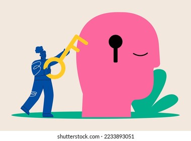 Woman holding key to keyhole in brain of abstract head. Colorful vector illustration 
