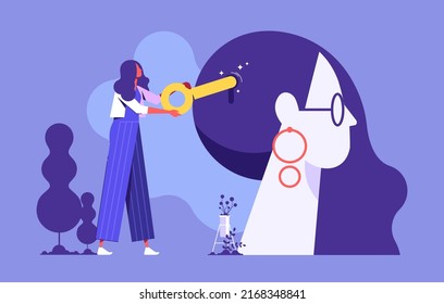 Woman holding a key unlocking businesswoman mind, unlock and Read minds, opening mind conceptual