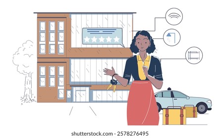 Woman holding keys in front of a hotel building with icons signifying amenities. Modern flat style on a white background. Hospitality and travel concept. Vector illustration