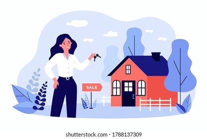 Woman holding keys from house for sale and smiling isolated flat vector illustration. Cartoon realty agent standing near building. Real estate and mortgage concept