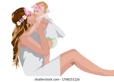 Woman holding and kissing her child. White dresses and floral crown. Vector