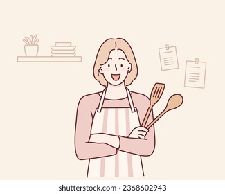 Mujer sosteniendo utensilios de cocina. Ilustraciones de diseño vectorial de estilo dibujado a mano.