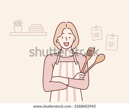 Woman holding kitchen utensils. Hand drawn style vector design illustrations.