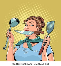 Mujer sosteniendo utensilios de cocina. Utensilios domésticos para cocinar en la cocina. Oferta del restaurante para Clientes. Pop Arte Retro Ilustración vectorial Kitsch Antiguas 50s 60s Estilo