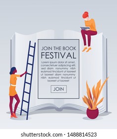 Woman Holding Ladder, Girl Sitting on Open Textbook and Reading. Librarian or Bookseller and Reader. Invitation Join to Bookfest on Giant Book. Advertising Cartoon Banner. Vector Flat Illustration