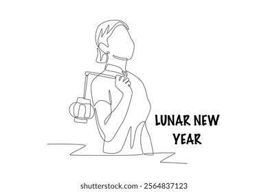 Woman holding a lantern. Lunar new year concept one-line drawing