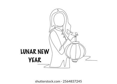 Woman holding a lantern. Lunar new year concept one-line drawing