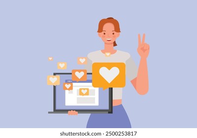 Woman holding laptop with giving likes hearts reaction social media. Character vector design. Flat illustration style.