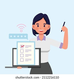 Woman holding laptop, pencil and leave a review, online survey suggestion opinion review feedback concept. people character vector design.