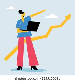 woman holding laptop pointing growth graphic vector